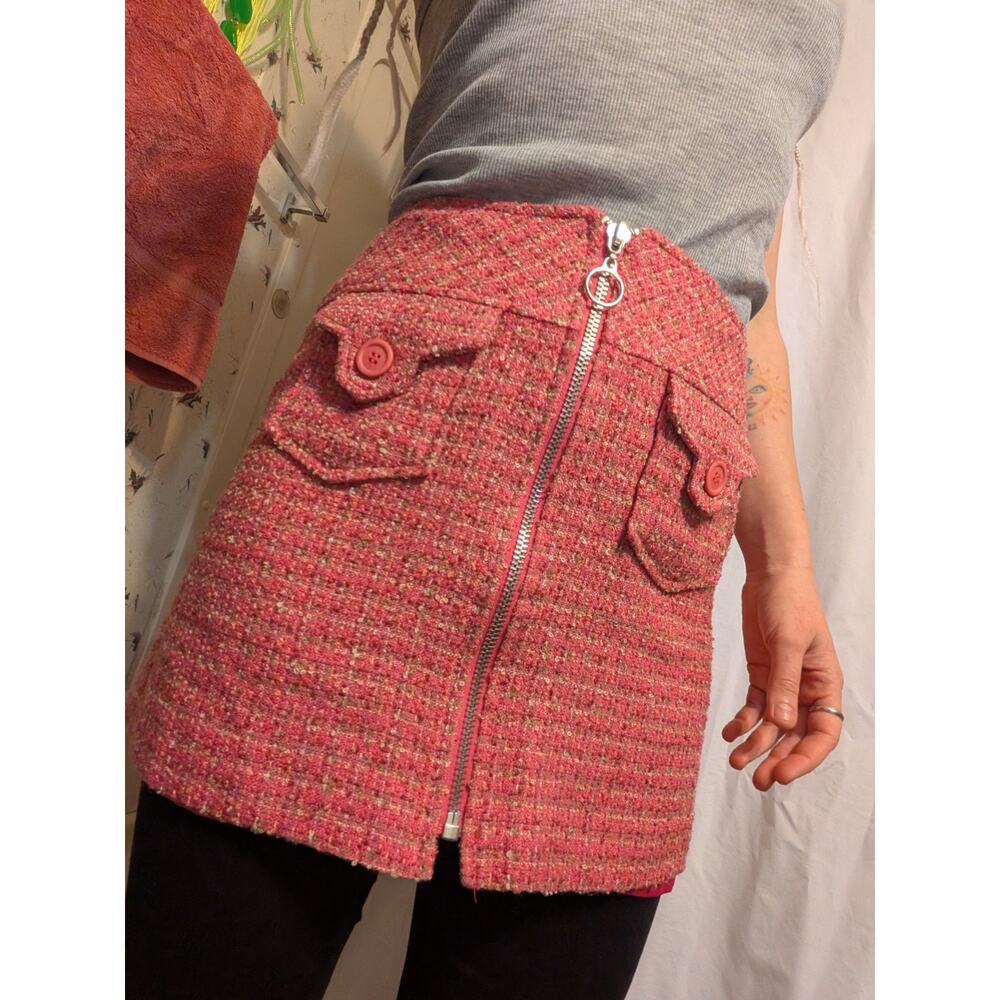 VTG Y2K IDEOLOGY Pink Tweed Mini Skirt With Pockets and Front Zipper Sz 8